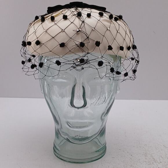 Ivory Fabric & Satin Pillbox Ladies Hat W/ Black Net Veil -Cathay of California - Picture 3 of 12